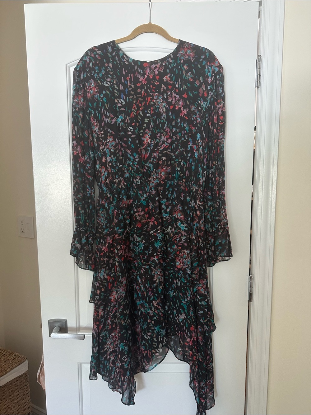 IRO Black Asymmetrical Floral Ruffle Dress with Teal and Pink Accents